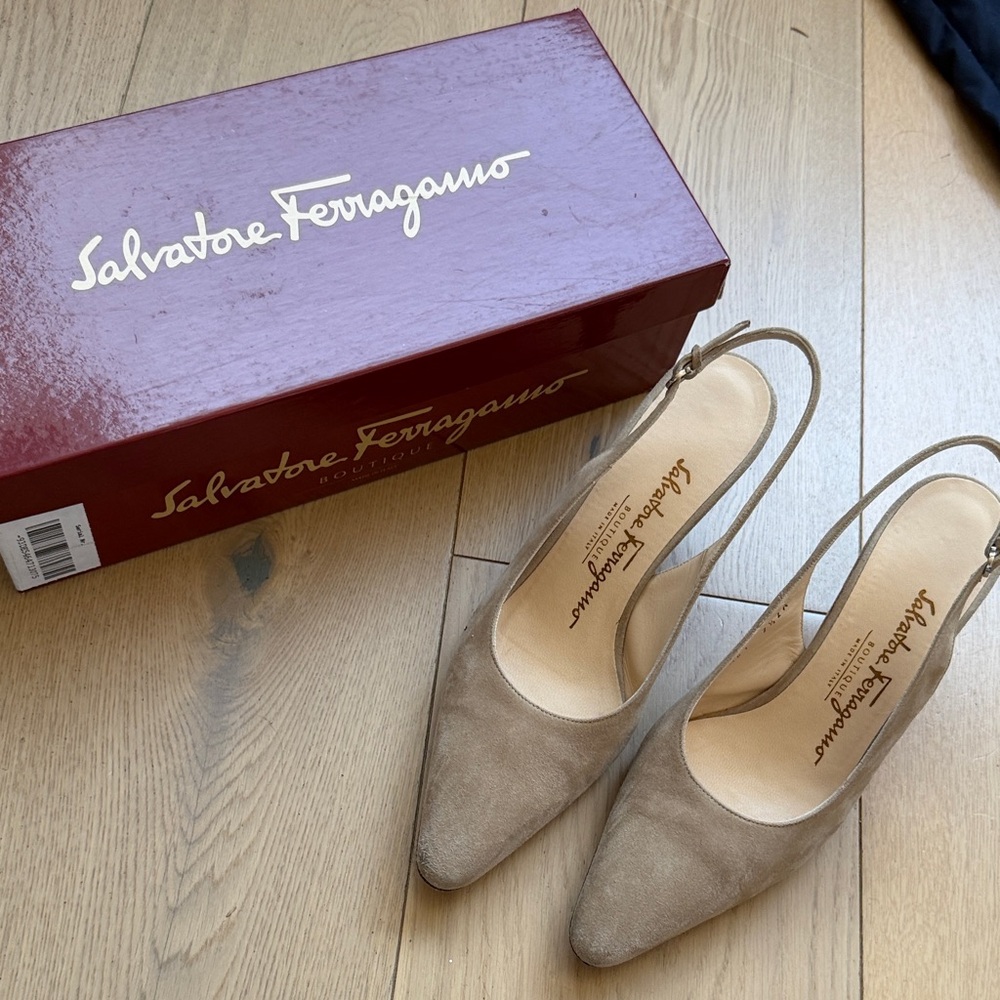 Salvatore Ferragamo Taupe Suede Pointed-Toe Slingback Heels with box!
